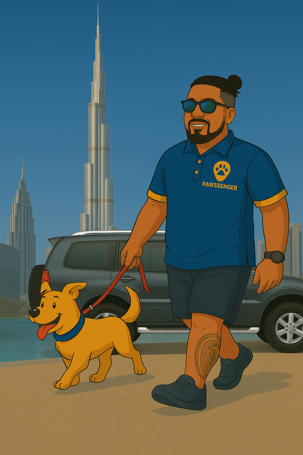 Team walking dog in Dubai